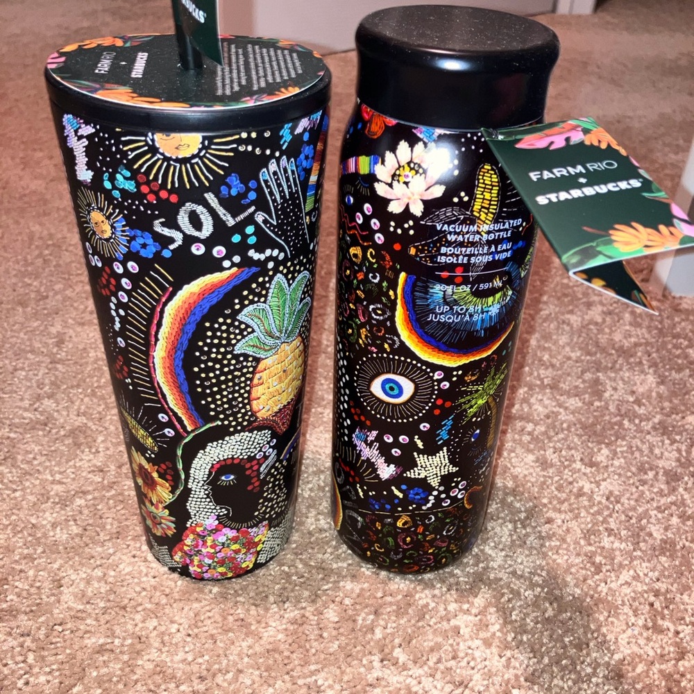 Starbucks Black Tumbler and Water Bottle Set with Multicolor Art Farm Rio NWT